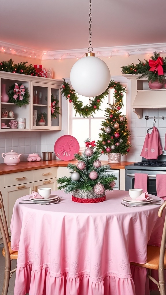 A cozy Christmas kitchen decorated with pink accents, including a pink tablecloth and ornaments.